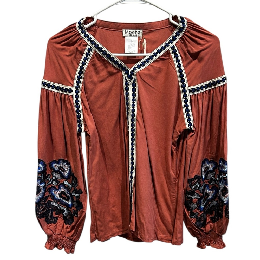 Mocha Apparel Rust Embroidered Boho Peasant Blouse Balloon Sleeve S NWT - Picture 2 of 6